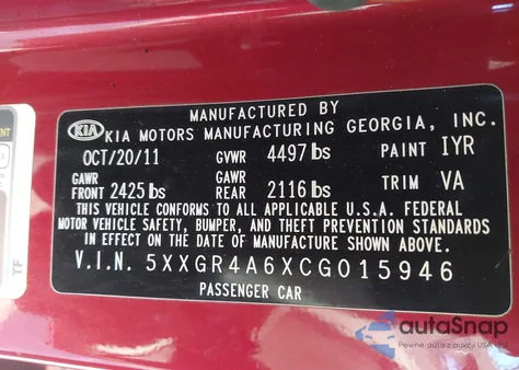 2012 Kia Optima Sx z USA, uszkodzony, nr VIN 5XXGR4A6XCG015946